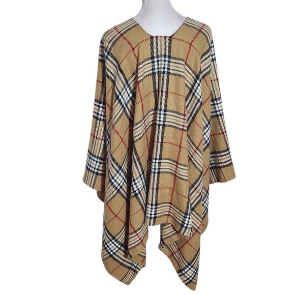 V. Fraas Tan Plaid Wrap One Size Tan, Black and Red Winter Wrap - Picture 2 of 9